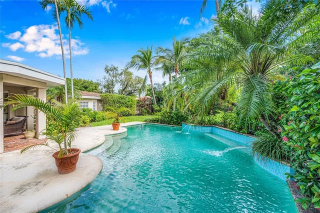 a view of a backyard with swimming pool