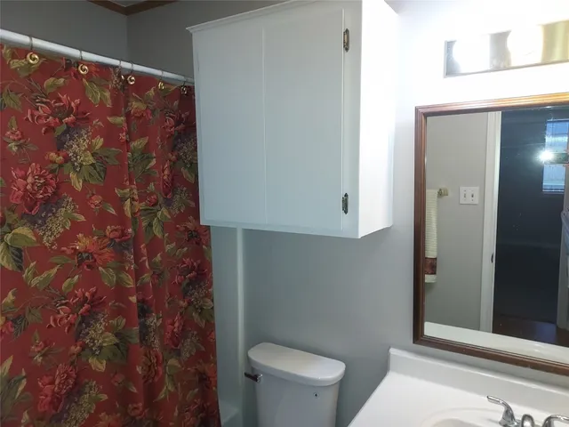 a bathroom with a toilet and a shower curtain