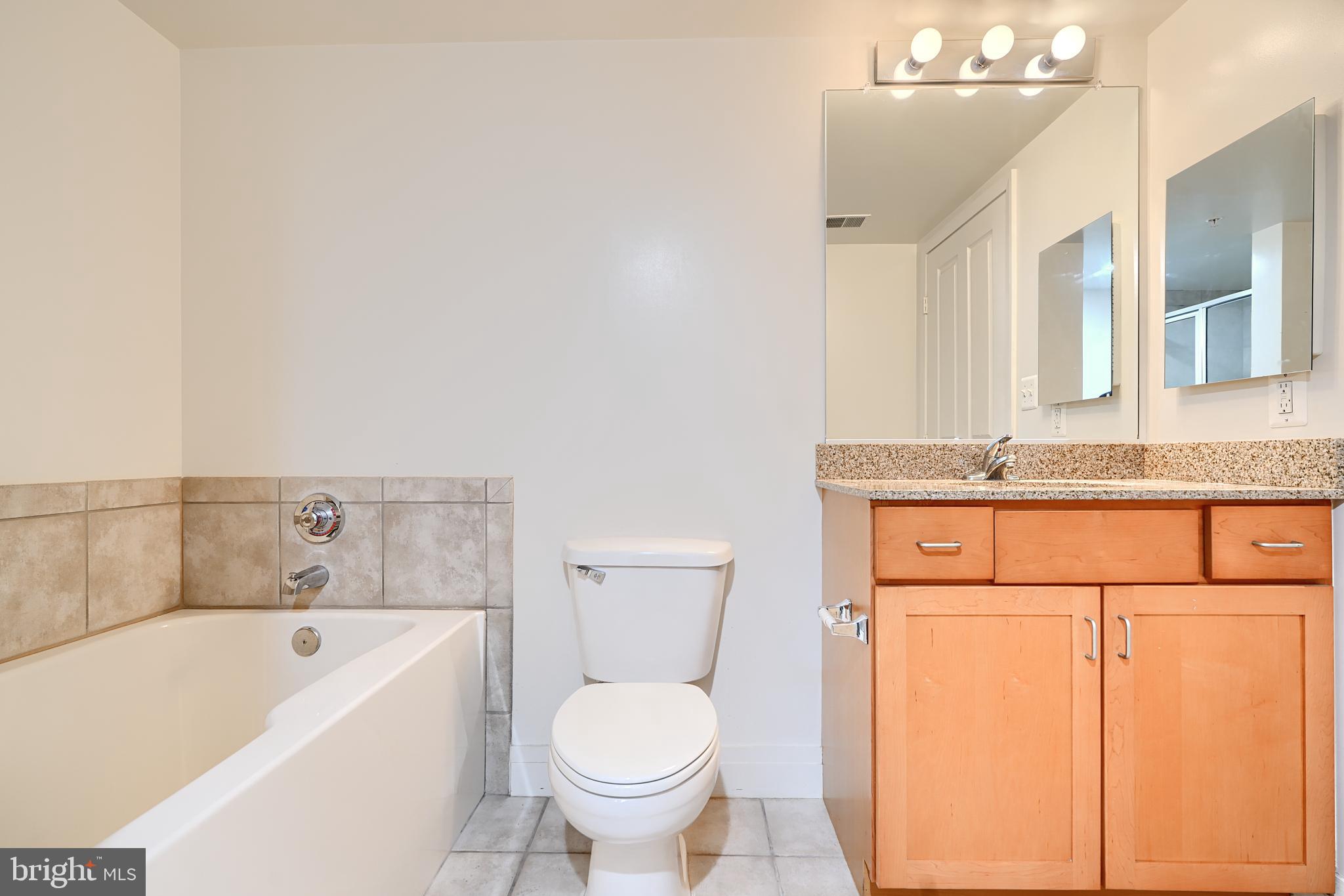 414 Water Street, Unit 1513 Baltimore, MD 21202 - Photo 28 of 43 a bathroom with a granite countertop sink toilet and bathtub