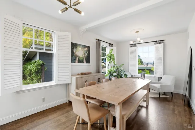 a view of a dining room with furniture window and wooden floor