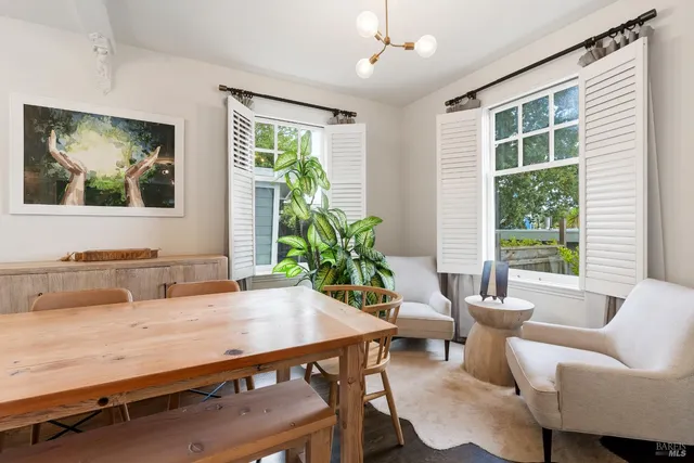 a view of a dining room with furniture window and outside view
