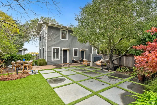 front view of a house with a patio