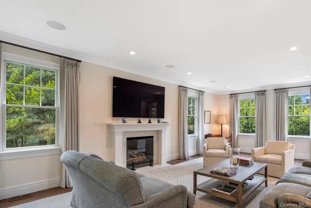 a living room with furniture a fireplace and a flat screen tv