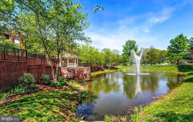 a view of a lake with a garden