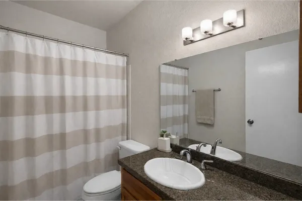 a bathroom with a sink toilet a mirror and shower curtain