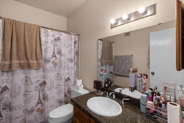 a bathroom with a sink vanity mirror and toilet