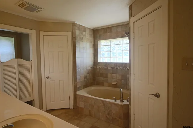 a bathroom with a tub shower and sink