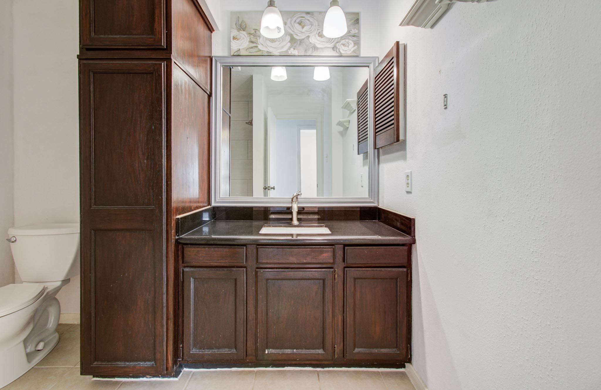 8299 Cambridge Street, Unit 1706 Houston, TX 77054 - Photo 20 of 26 a bathroom with a granite countertop sink a mirror and a vanity