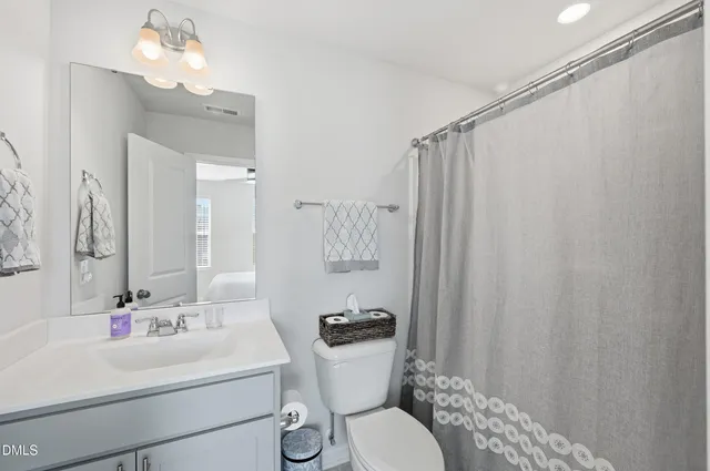 a bathroom with a sink a toilet a mirror and shower curtain