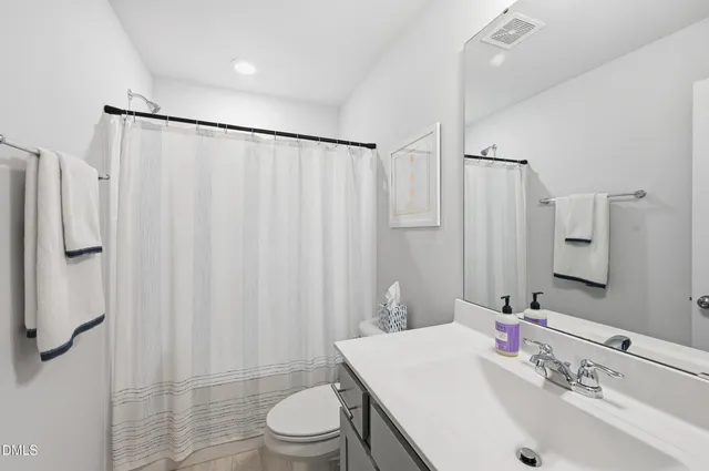 a bathroom with a sink a toilet a mirror and shower curtain