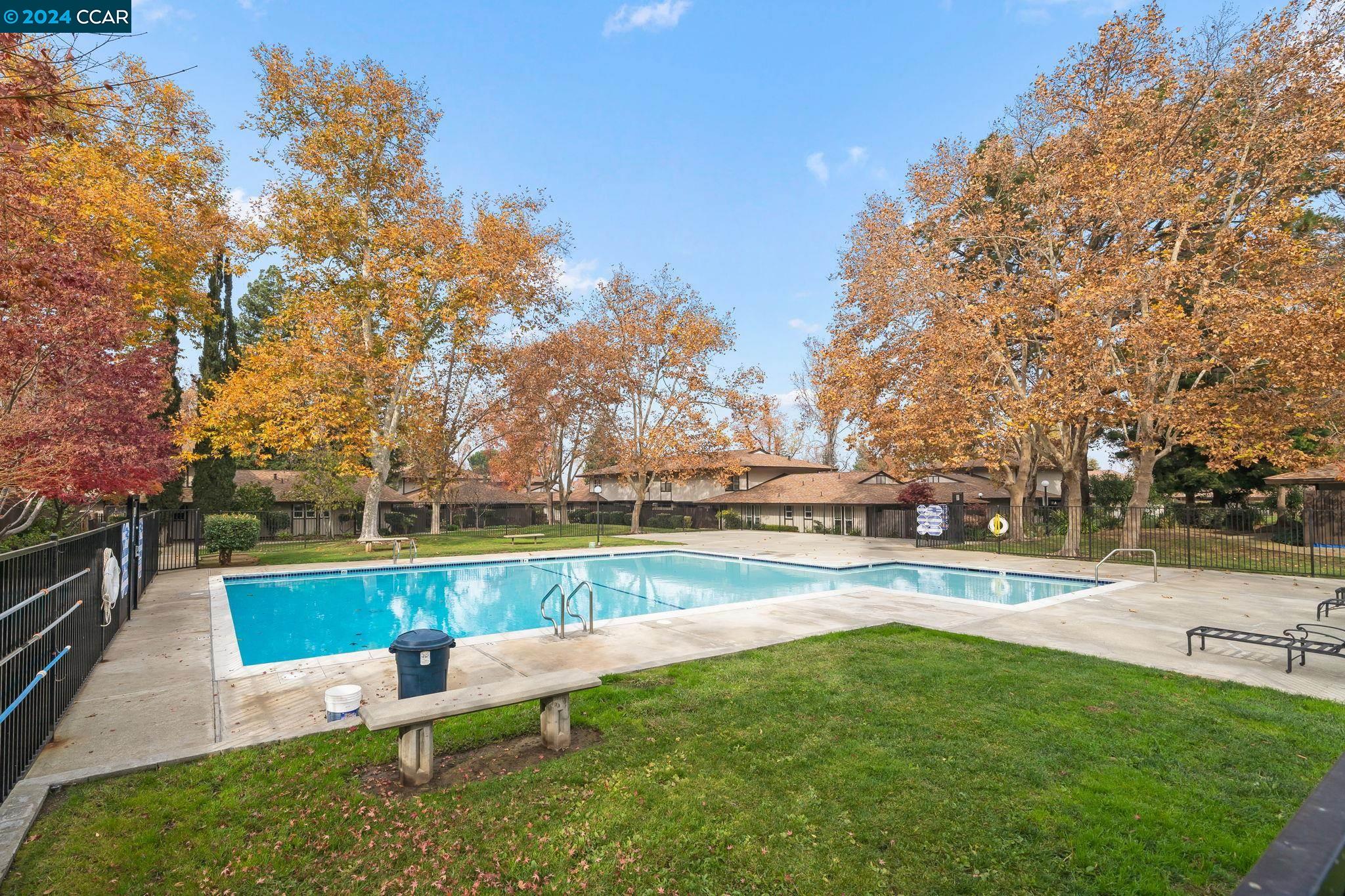 a view of swimming pool with lawn chairs and plants