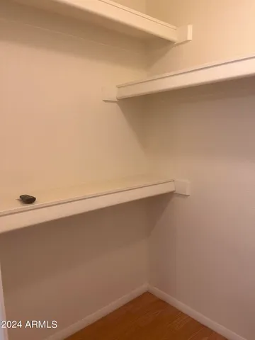 a view of a closet with wooden floor