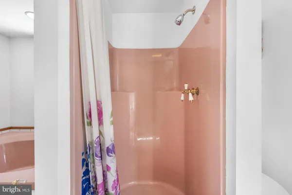 a bathroom with a bathtub and shower