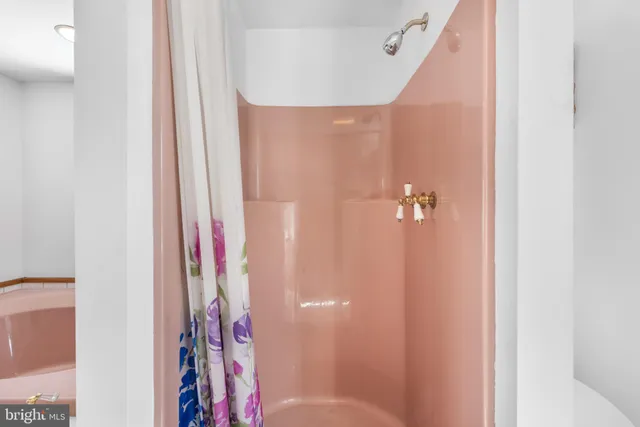 a bathroom with a bathtub and shower