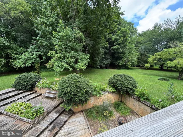 a view of a garden with wooden deck