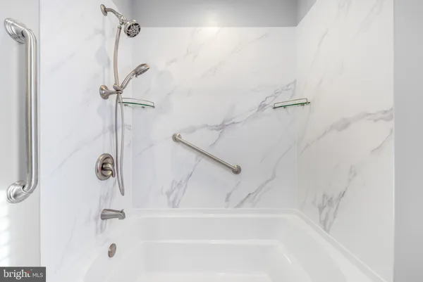 a bathroom with a shower and a bath tub