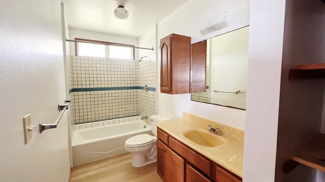a bathroom with a sink a toilet and bathtub