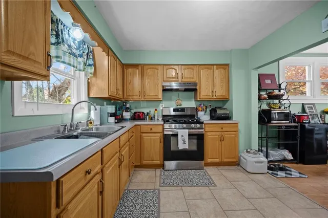 a kitchen with a sink appliances and cabinets