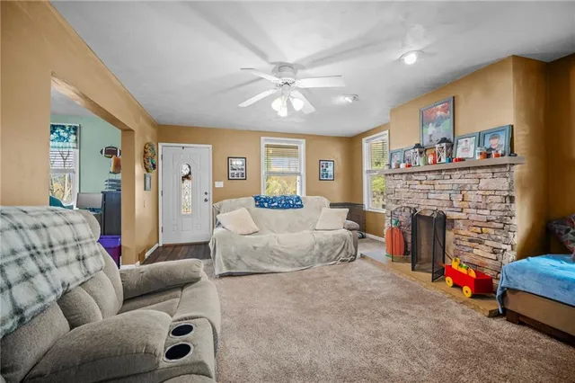 a living room with furniture and a fireplace