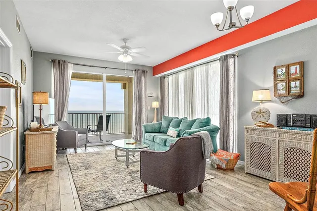a living room with furniture and a floor to ceiling window