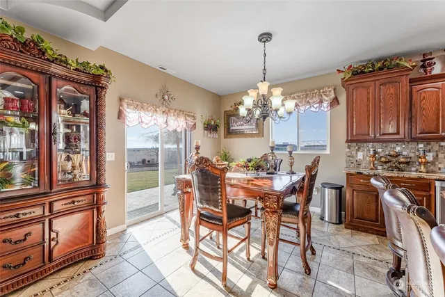 a view of a dining room with furniture window and outside view