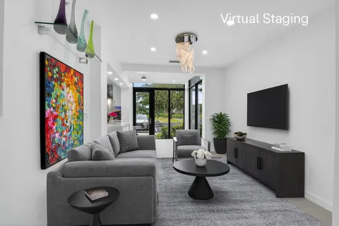 a view of a dining room with furniture window and outside view