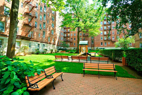 a view of a park with large trees
