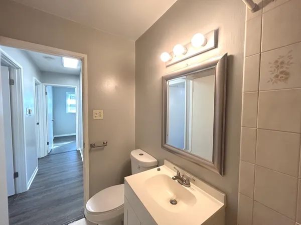 a bathroom with a toilet a sink a mirror and vanity