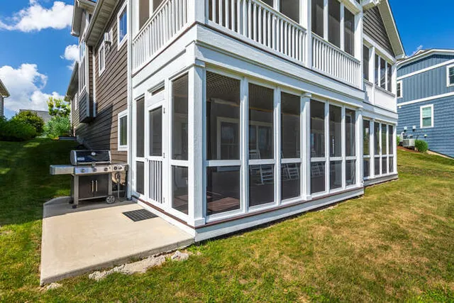 a view of a building with a large window