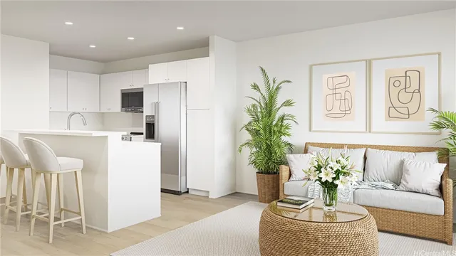 a living room with furniture and potted plant