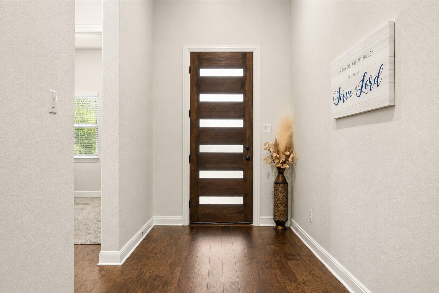 209 Rainier Drive Kyle, TX 78640 - Photo 22 of 24 Modern front door with frosted glass inserts, rich wood-finish flooring, crisp white baseboards, and light-toned walls
