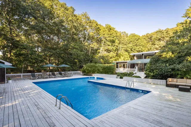 a view of a swimming pool with lounge chair