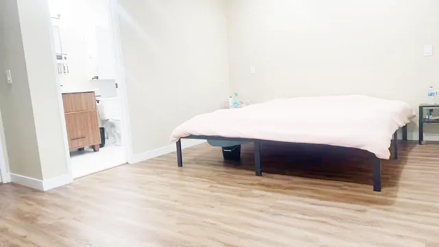 a room with a bed and a dresser