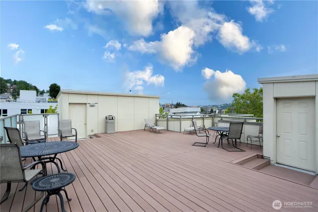 a view of a city with sitting area