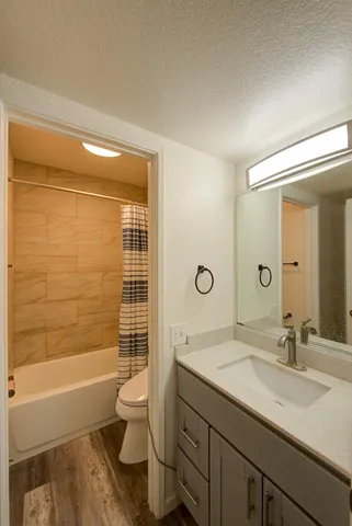 a bathroom with a granite countertop sink a toilet and shower