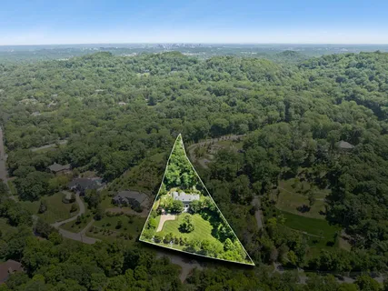 an aerial view of residential houses with outdoor space and trees