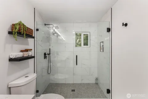 a bathroom with a shower toilet and a sink