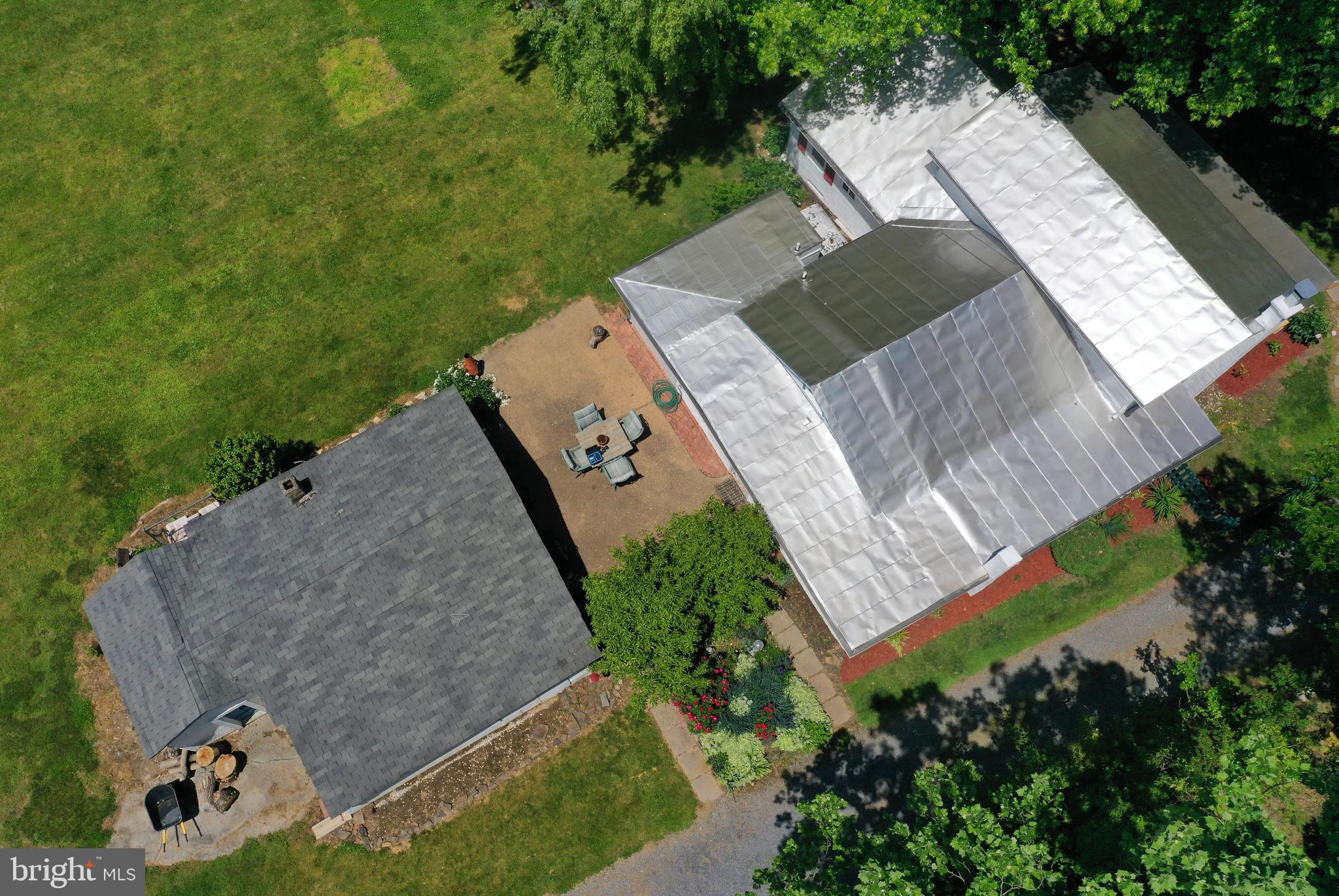 Aerial showing house, workshop and patio