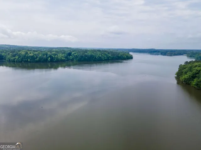 a view of a lake with houses in back