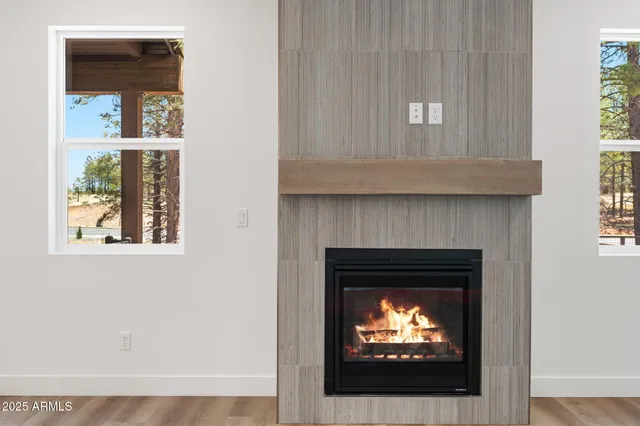 a living room with a fireplace