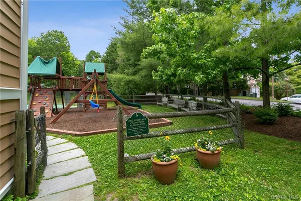 a view of a garden with patio