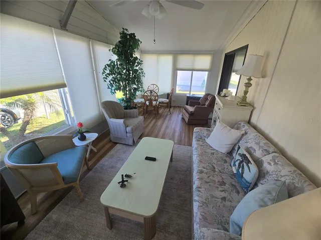 a living room with furniture and a potted plant