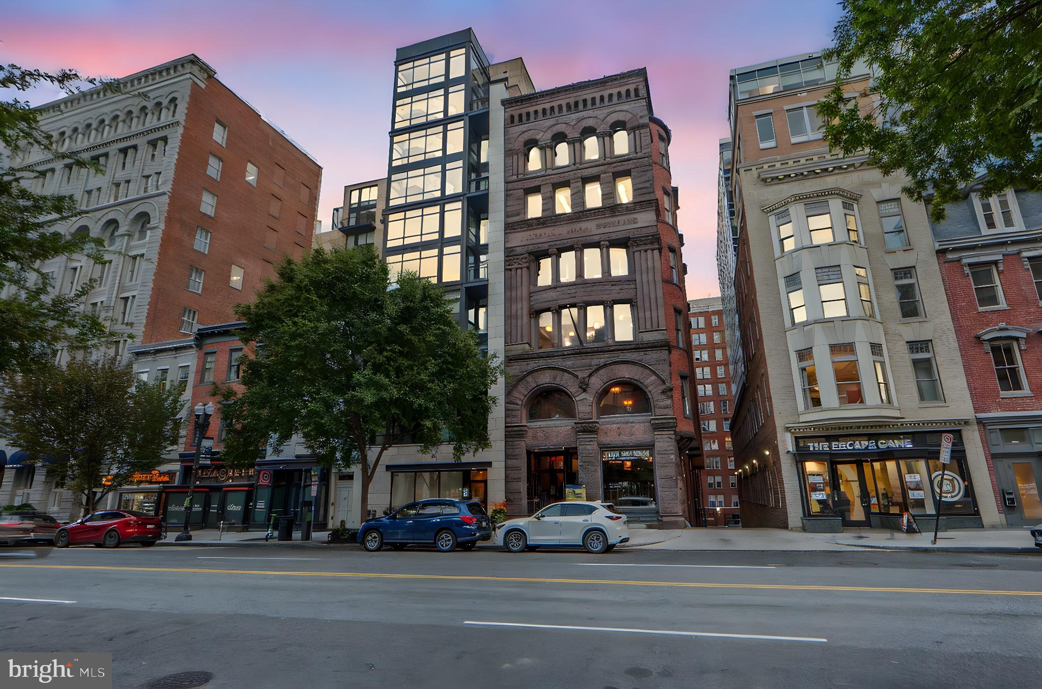 a view of a building and a street