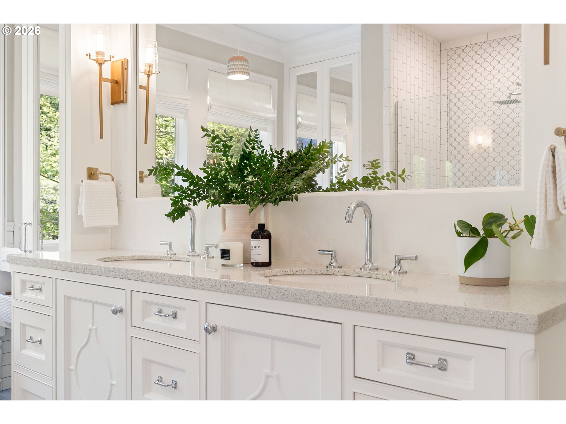14401 Southeast Summit Court Clackamas, OR 97015 - Photo 24 of 47 a bathroom with a granite countertop sink a potted plant and a shower