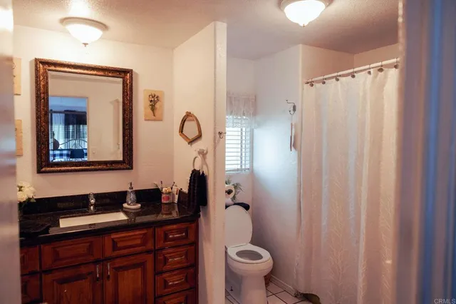 a bathroom with a sink a toilet a mirror and shower curtain