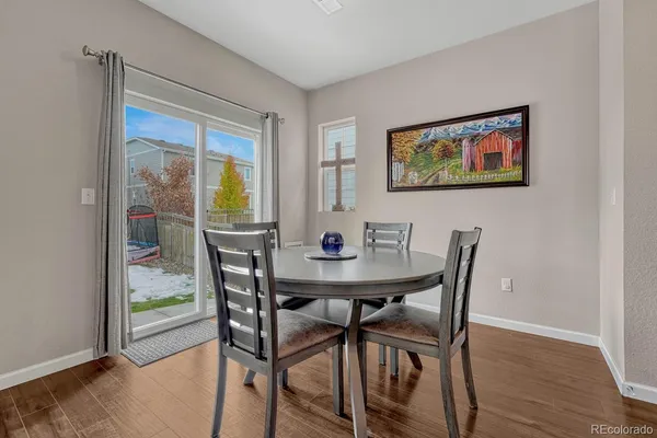 a view of a dining room with furniture window and wooden floor