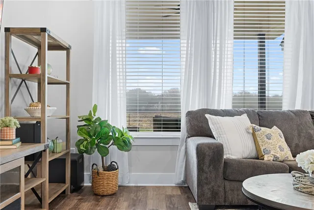 a living room with furniture potted plant and a window