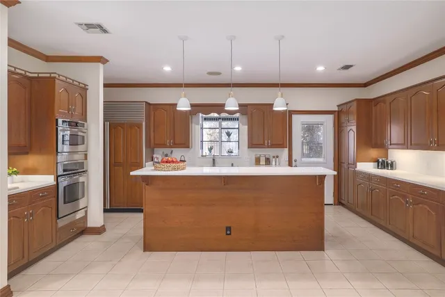 a view of kitchen with stainless steel appliances kitchen island granite countertop a refrigerator and wooden cabinets