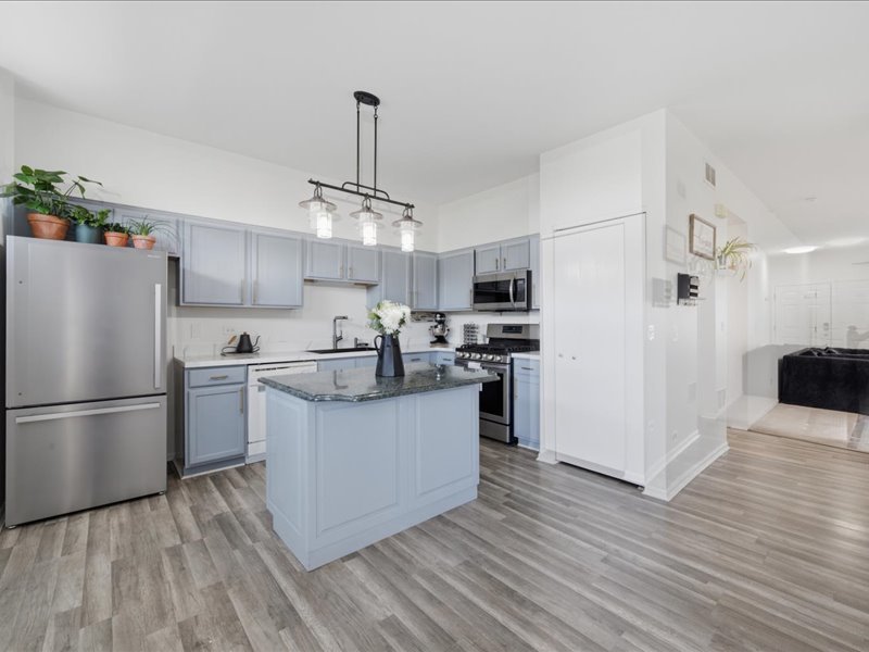 4201 Dillon Street Plano, IL 60545 - Photo 7 of 37 a kitchen with stainless steel appliances a refrigerator a sink dishwasher a stove and white cabinets with wooden floor