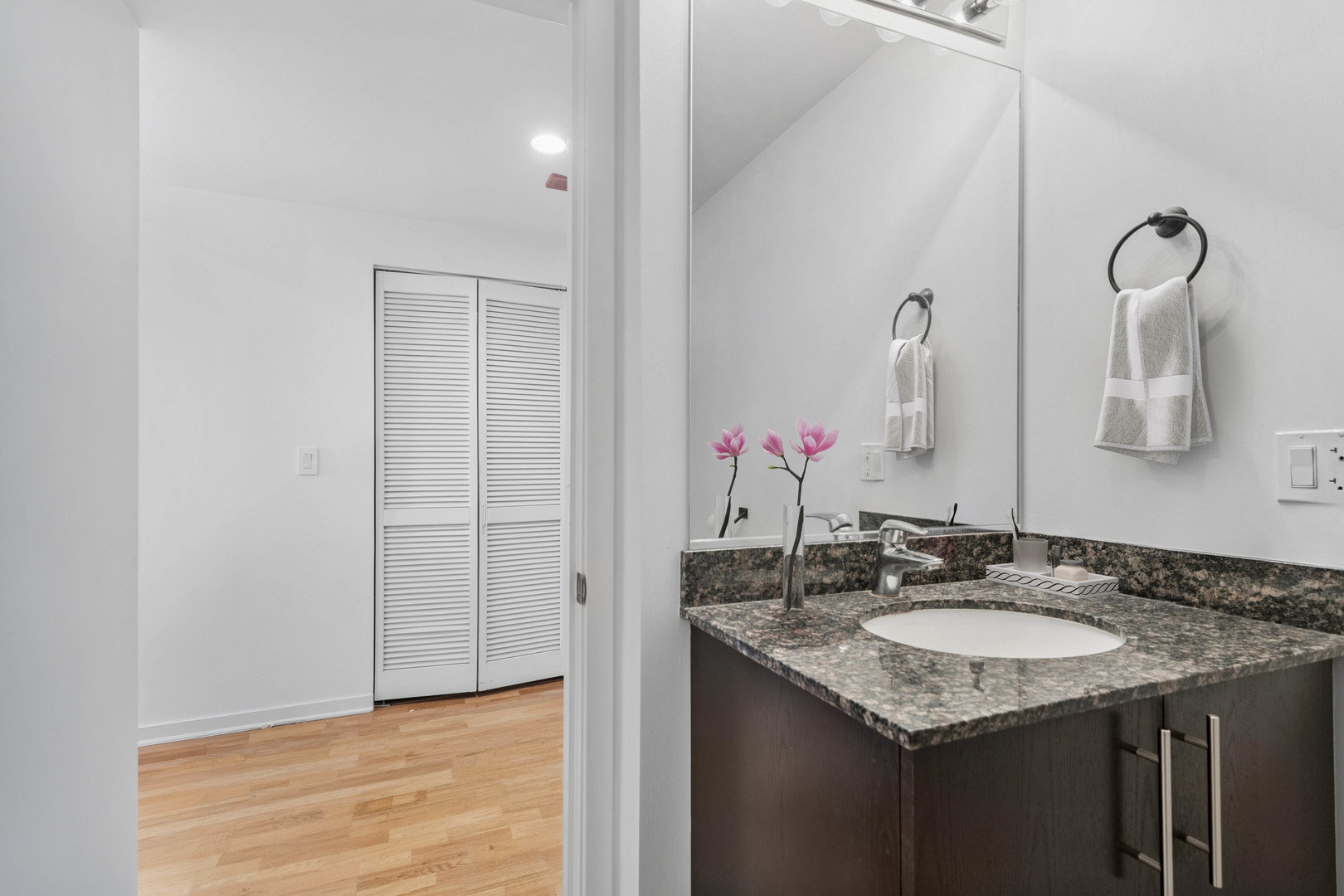 611 South Wells Street, Unit 2904 Chicago, IL 60607 - Photo 10 of 18 a bathroom with a granite countertop sink and a mirror
